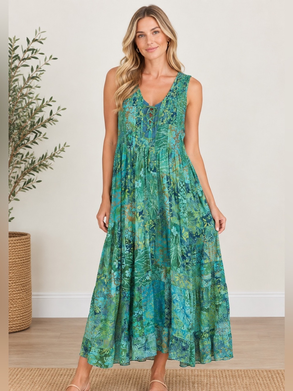 Boho Green Tie-Front Women’s Tie Dye Patchwork Dress Size 2X